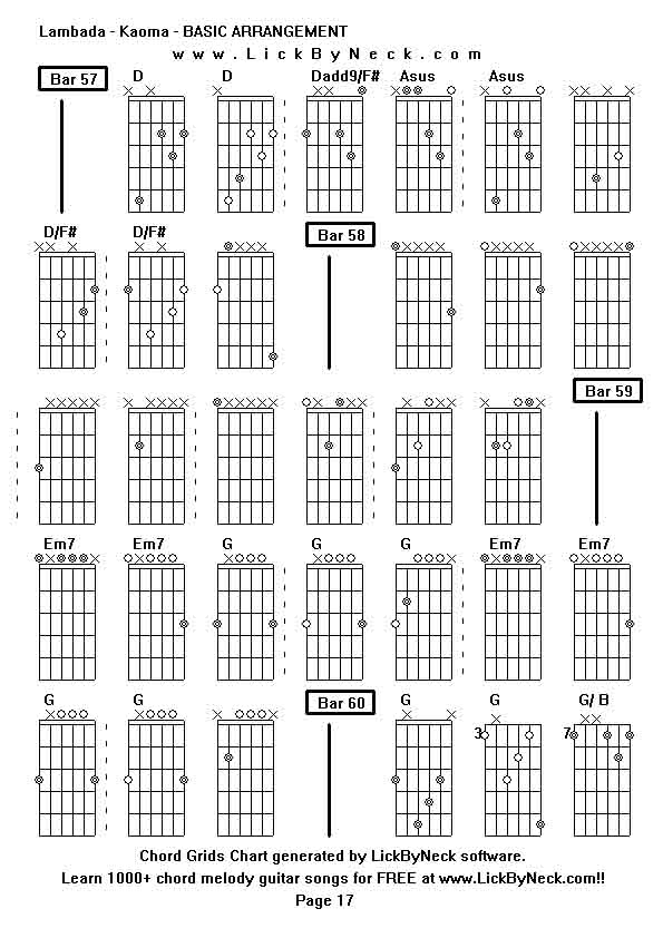 Chord Grids Chart of chord melody fingerstyle guitar song-Lambada - Kaoma - BASIC ARRANGEMENT,generated by LickByNeck software.